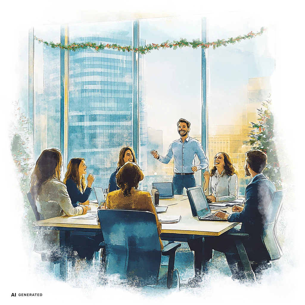 Eine Gruppe von fünf Personen in einem modernen Büro, die an einem Tisch sitzen und einem Mann zuhören, der spricht. Weihnachtsdekoration ist sichtbar.