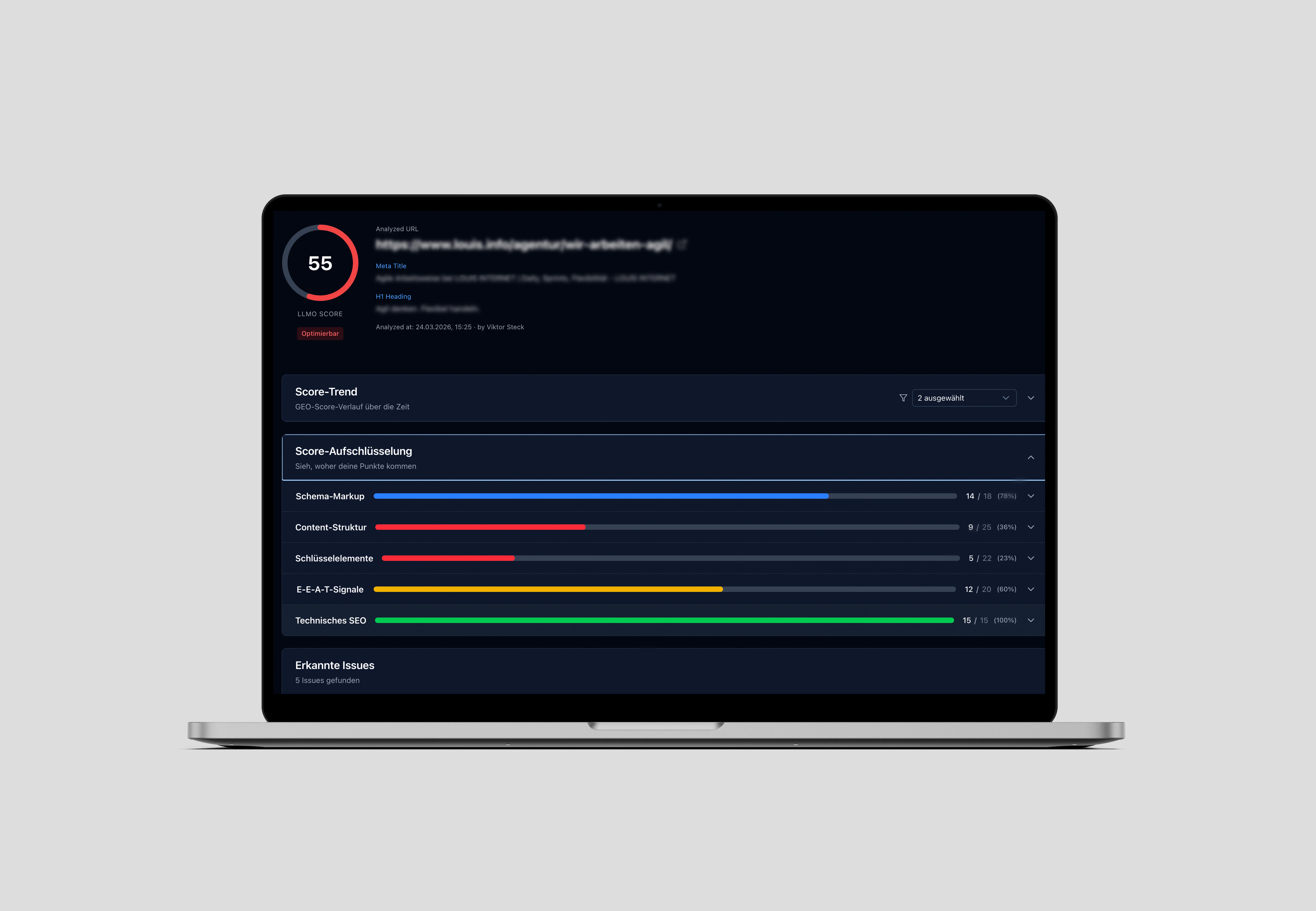 Klarer Einblick in die Zitierfähigkeit Eurer Seite Laptop-Bildschirm zeigt eine SEO-Analyse mit LLMO-Score und verschiedenen Bewertungskategorien wie Schema-Markup und Content-Struktur.